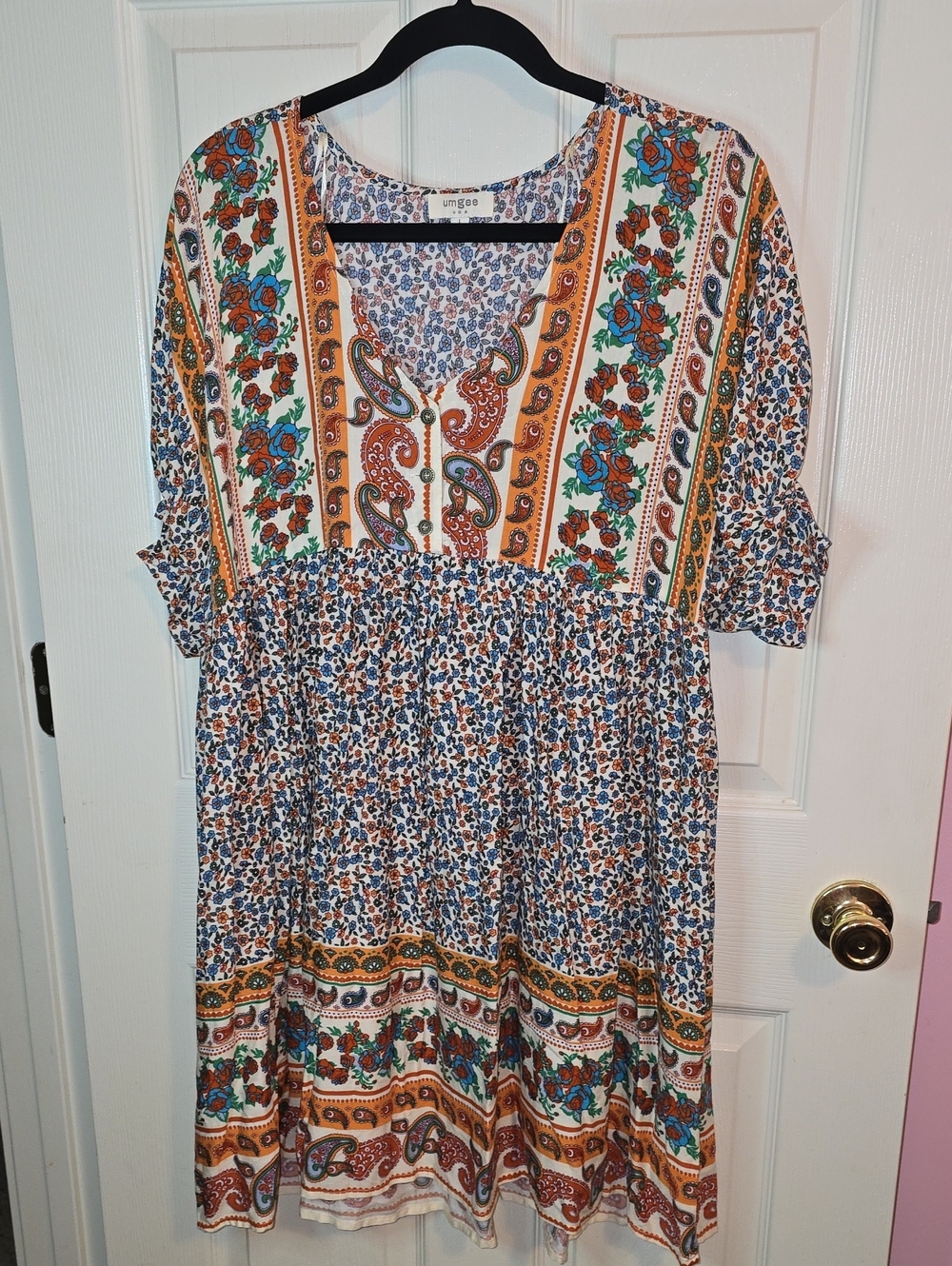 Umgee White Boho Paisley Floral Midi Dress with Orange and Teal Accents
